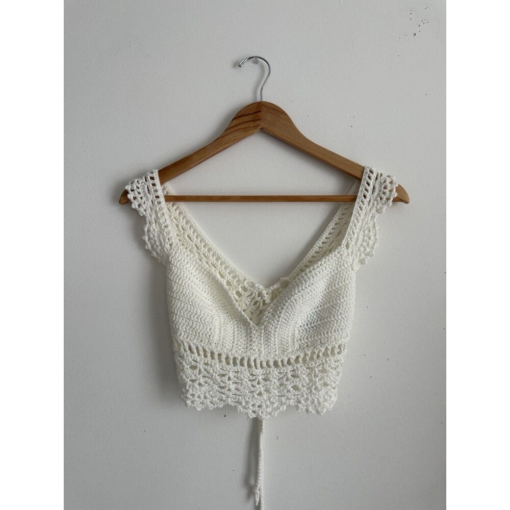 Windsor Women’s Ivory Crochet Crop Top V-Neck Lace-Up Back Boho Festival